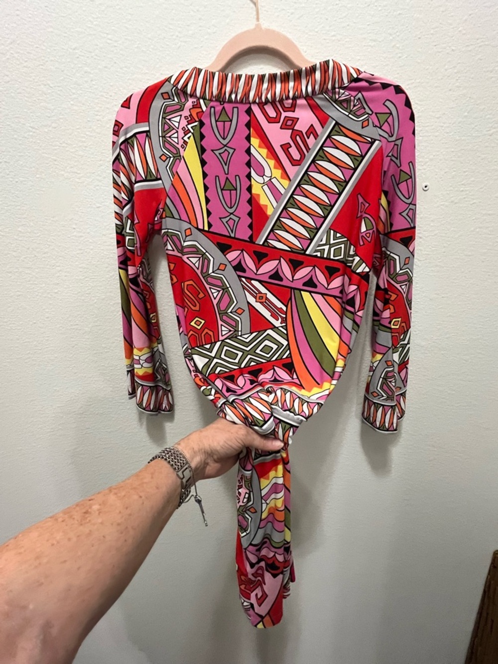 Boston Proper Pink, Red and Yellow Geometric Long Sleeve Dress w/Elastic Waist - Picture 6 of 6